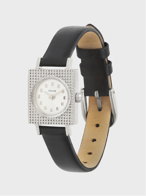 Image of Montre à boîtier argenté texturé et bracelet noir, cadran blanc