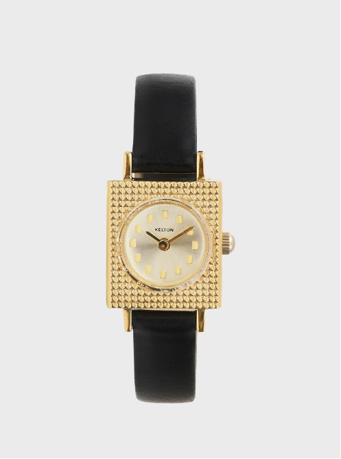 Image of Montre femme à cadran blanc, bracelet noir et boîtier doré texturé