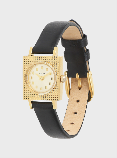 Image of Montre femme bracelet noir en cuir, boîtier doré texturé, vue de profil