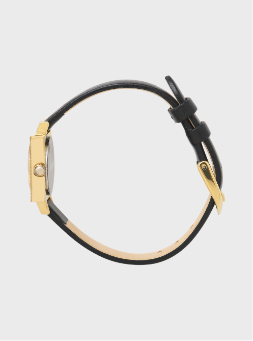 Image of Montre femme bracelet noir, boîtier doré rectangulaire, vue arrière
