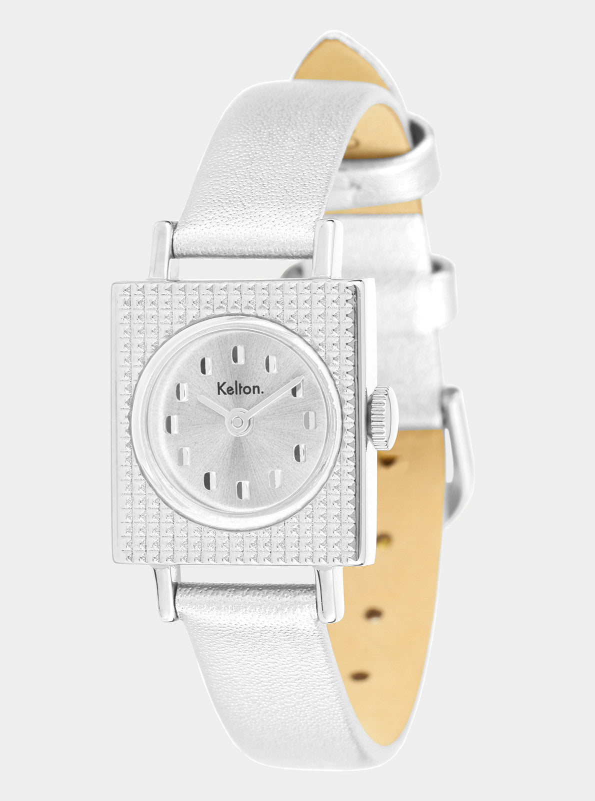 Image of Montre Lady 50's boîtier argenté carré, couronne latérale, bracelet cuir blanc