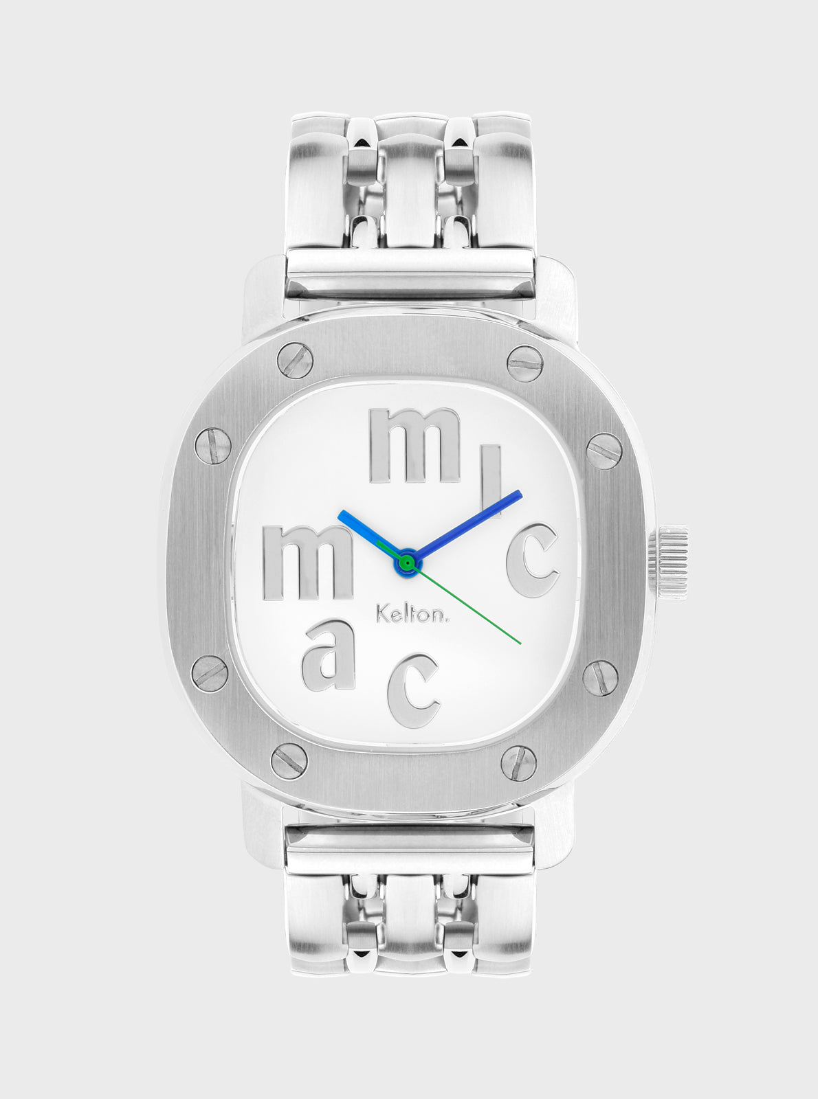 Image of Montre Tictac Kelton argent, bracelet maillons métalliques, cadran blanc, aiguilles bleue et verte