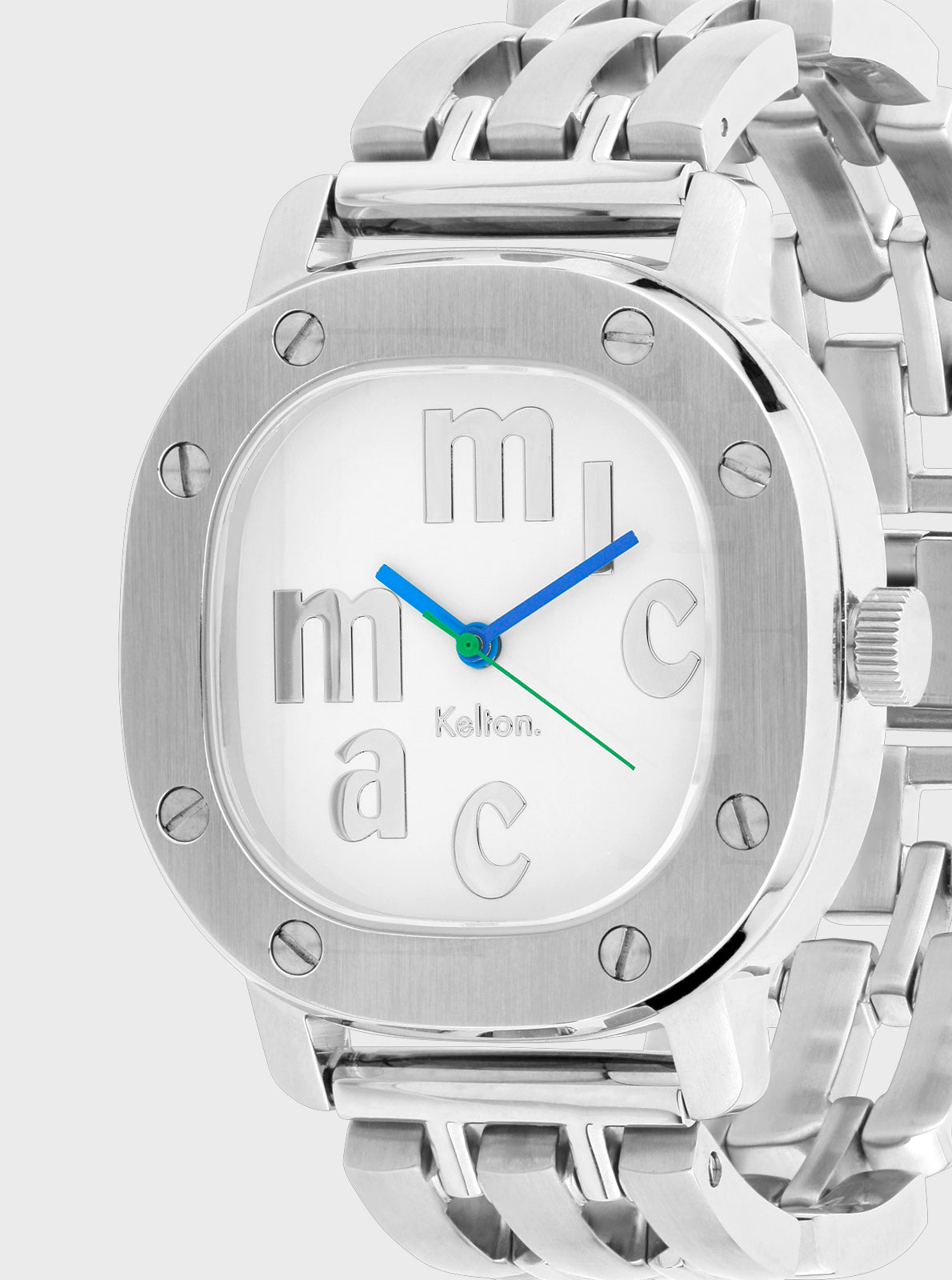 Image of Montre Kelton argent, cadran blanc, chiffres décoratifs, aiguilles bleue et verte