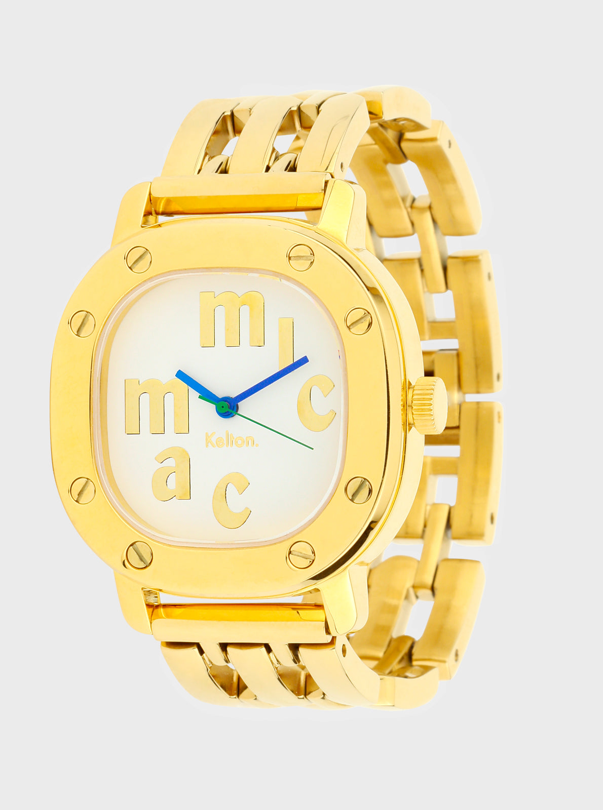 Image of Montre Kelton x Micmac St.Tropez dorée, cadran blanc avec logo stylisé, bracelet déployant