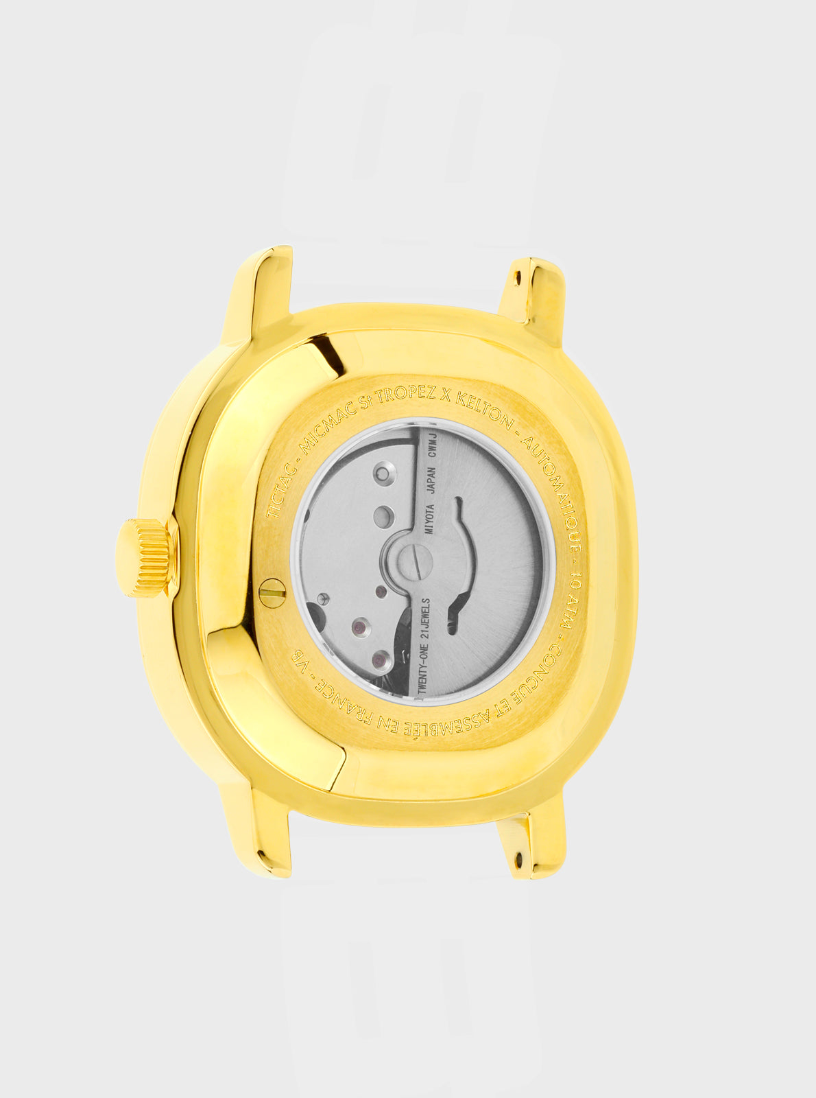 Image of Montre Kelton x Micmac St.Tropez dorée, fond arrière gravé, mécanisme visible