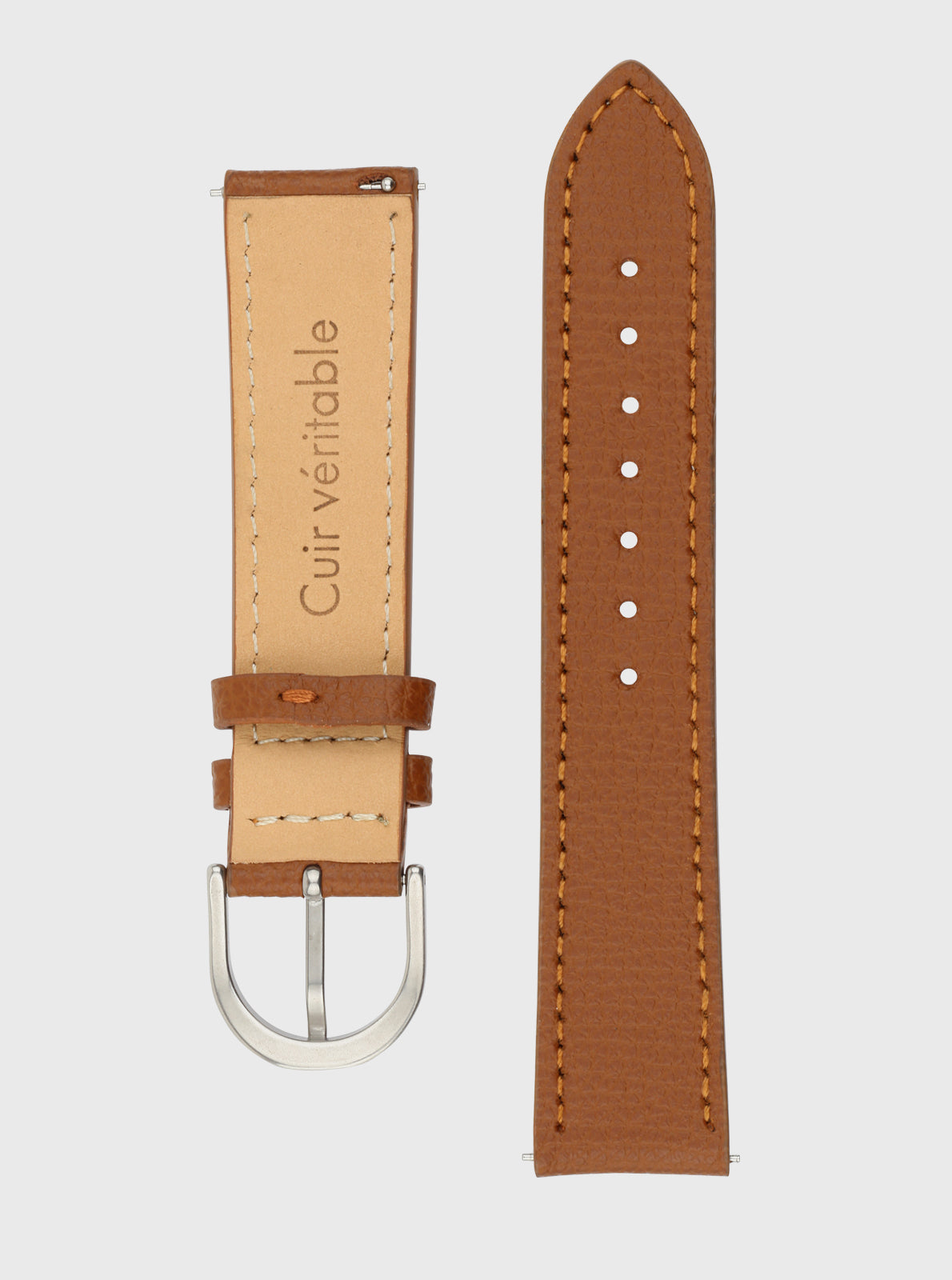 Image of Bracelet en cuir 20 mm camel avec boucle en métal et surpiqûres, 5 trous