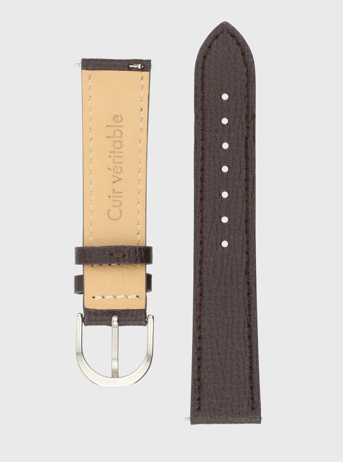 Image of Bracelet en cuir 20 mm marron avec boucle en métal et surpiqûres, 5 trous
