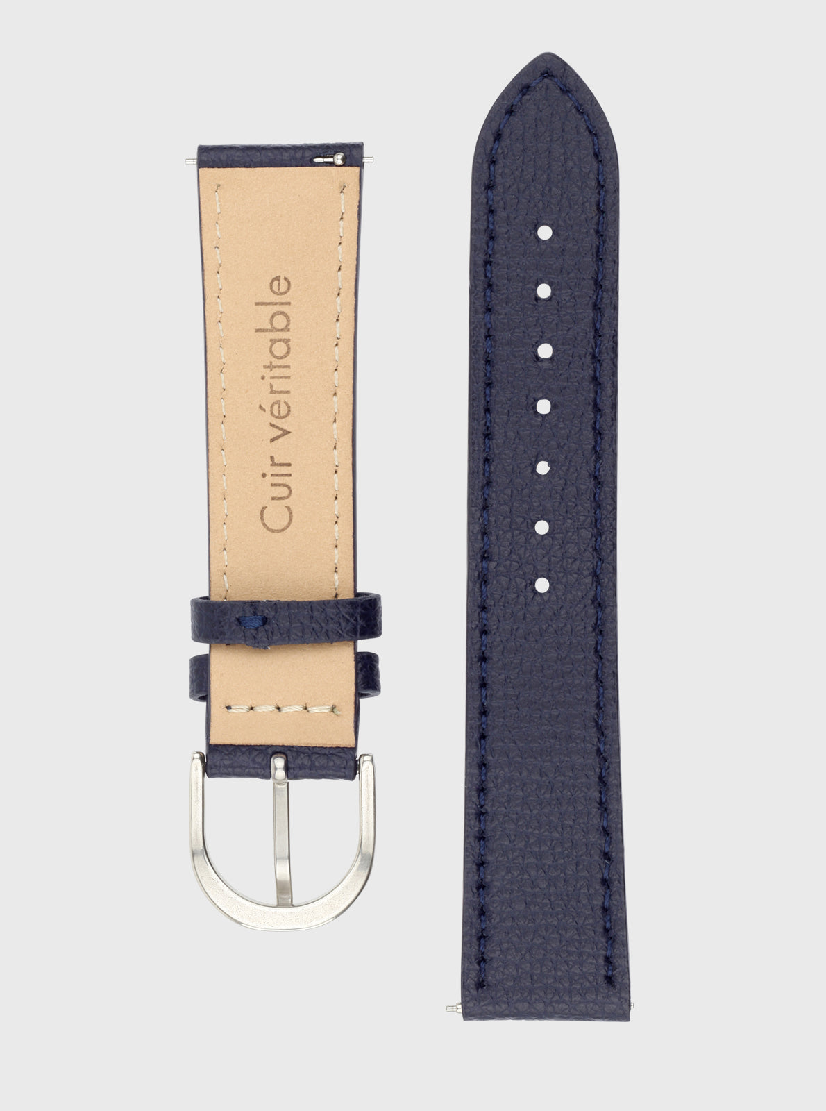 Image of Bracelet en cuir 20 mm navy avec boucle en métal et surpiqûres, 5 trous