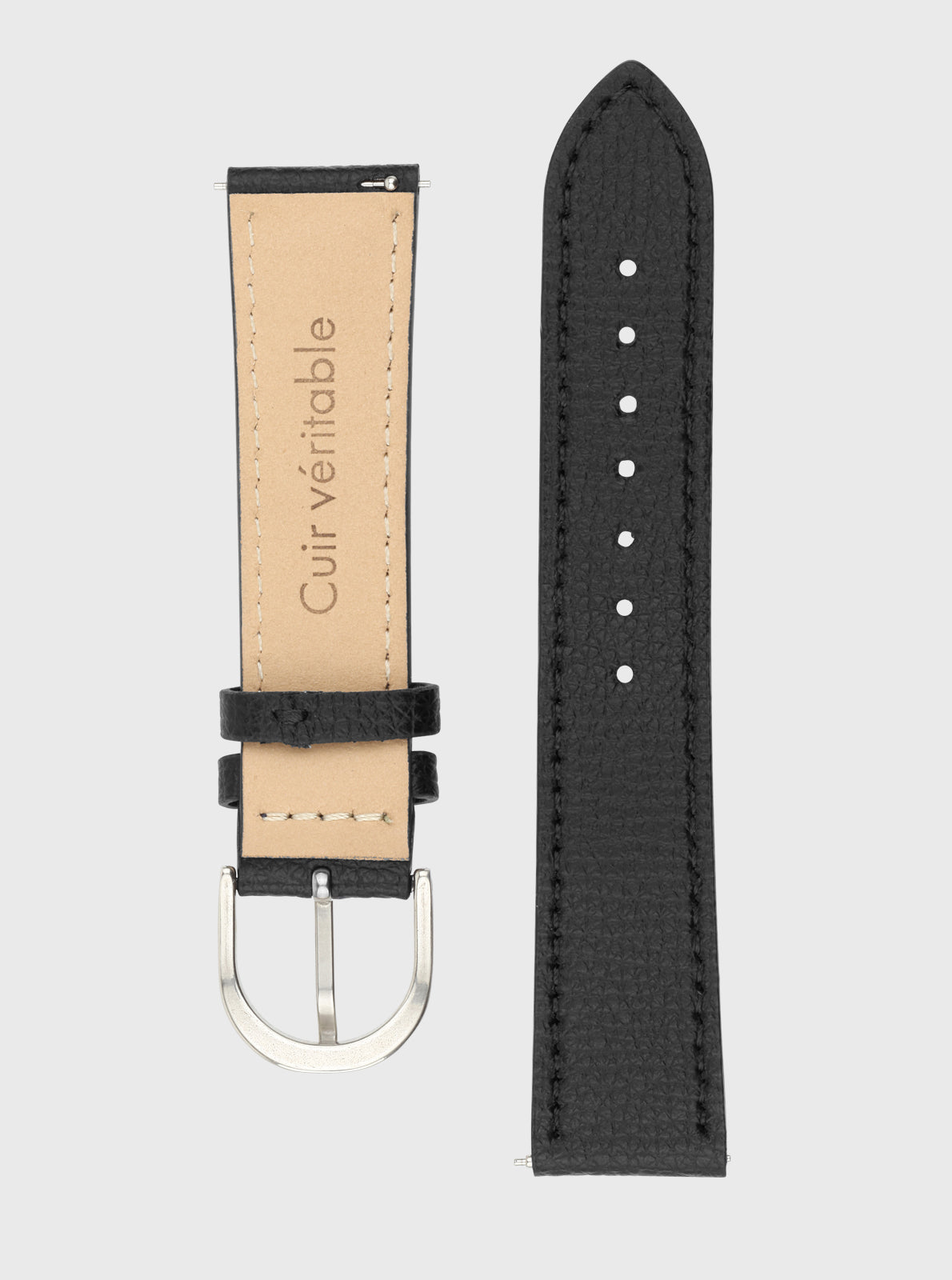 Image of Bracelet en cuir 20 mm noir avec boucle en métal et surpiqûres, 5 trous