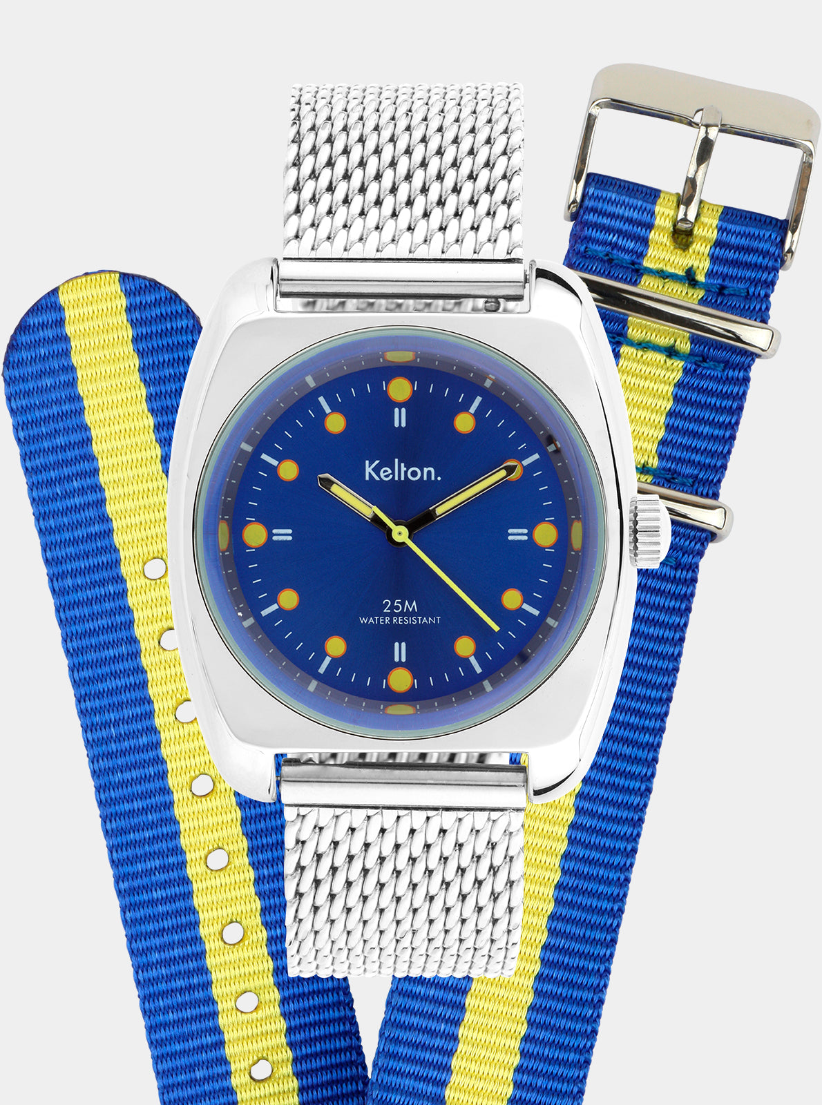 Image of Montre Kelton cadran bleu, boîtier blanc, bracelet mesh argent et Nato bleu-jaune