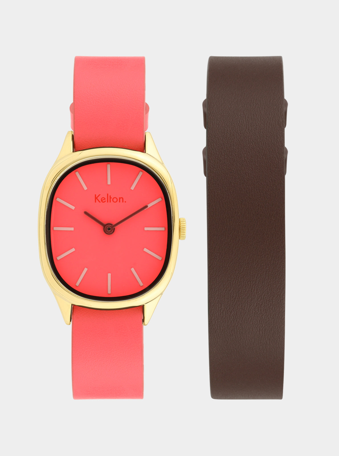 Image of Montre cadran rose sur bracelet cuir rose, avec bracelet cuir marron.