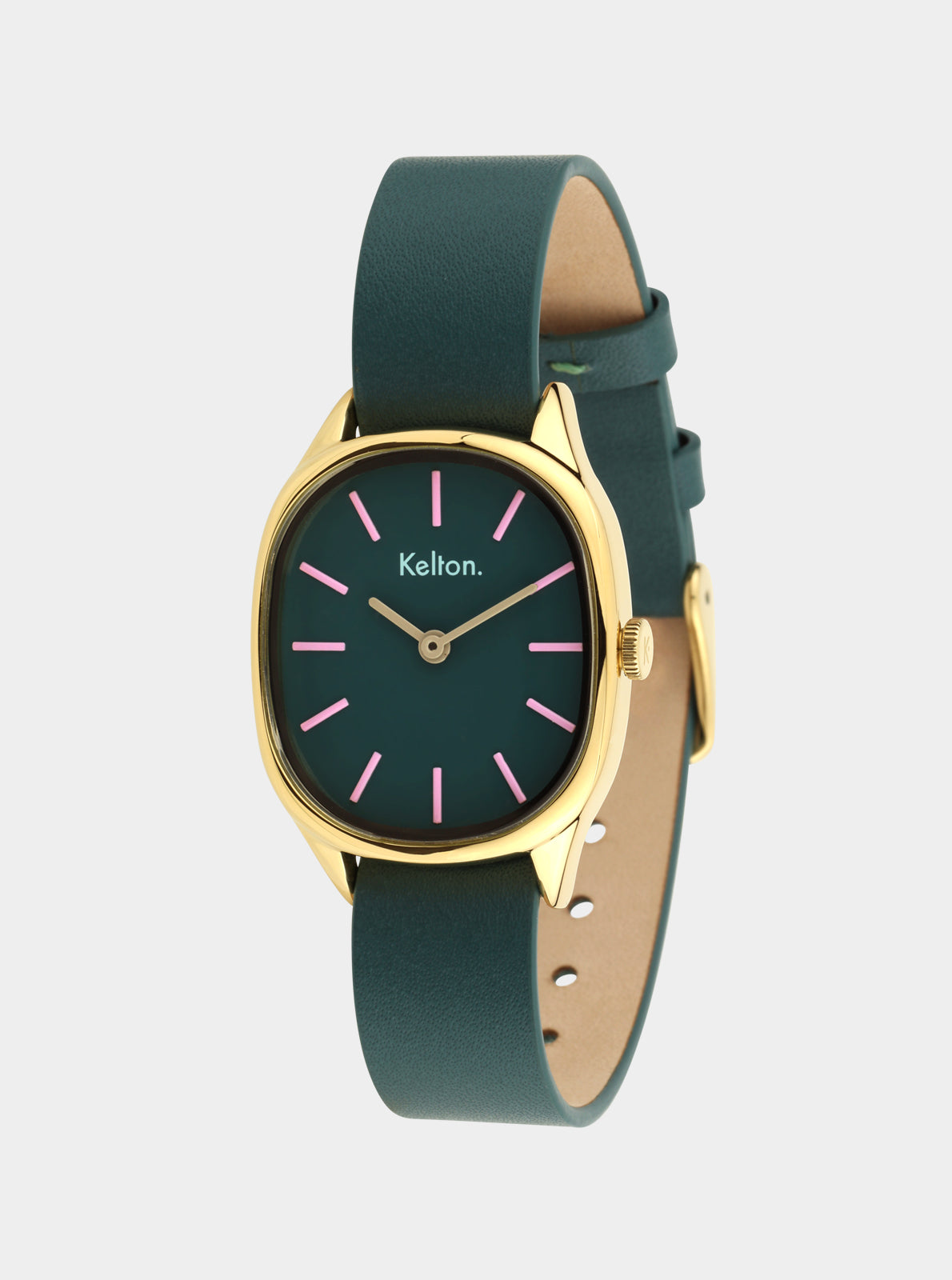 Image of Montre Kelton cadran vert foncé, index roses et bracelet cuir vert à boucle