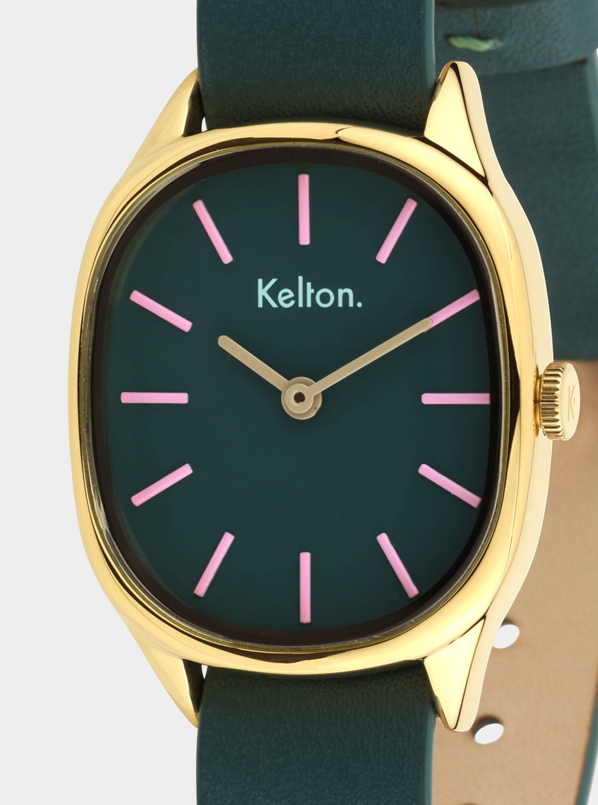 Image of Montre Kelton cadran vert foncé avec index roses, boîtier doré