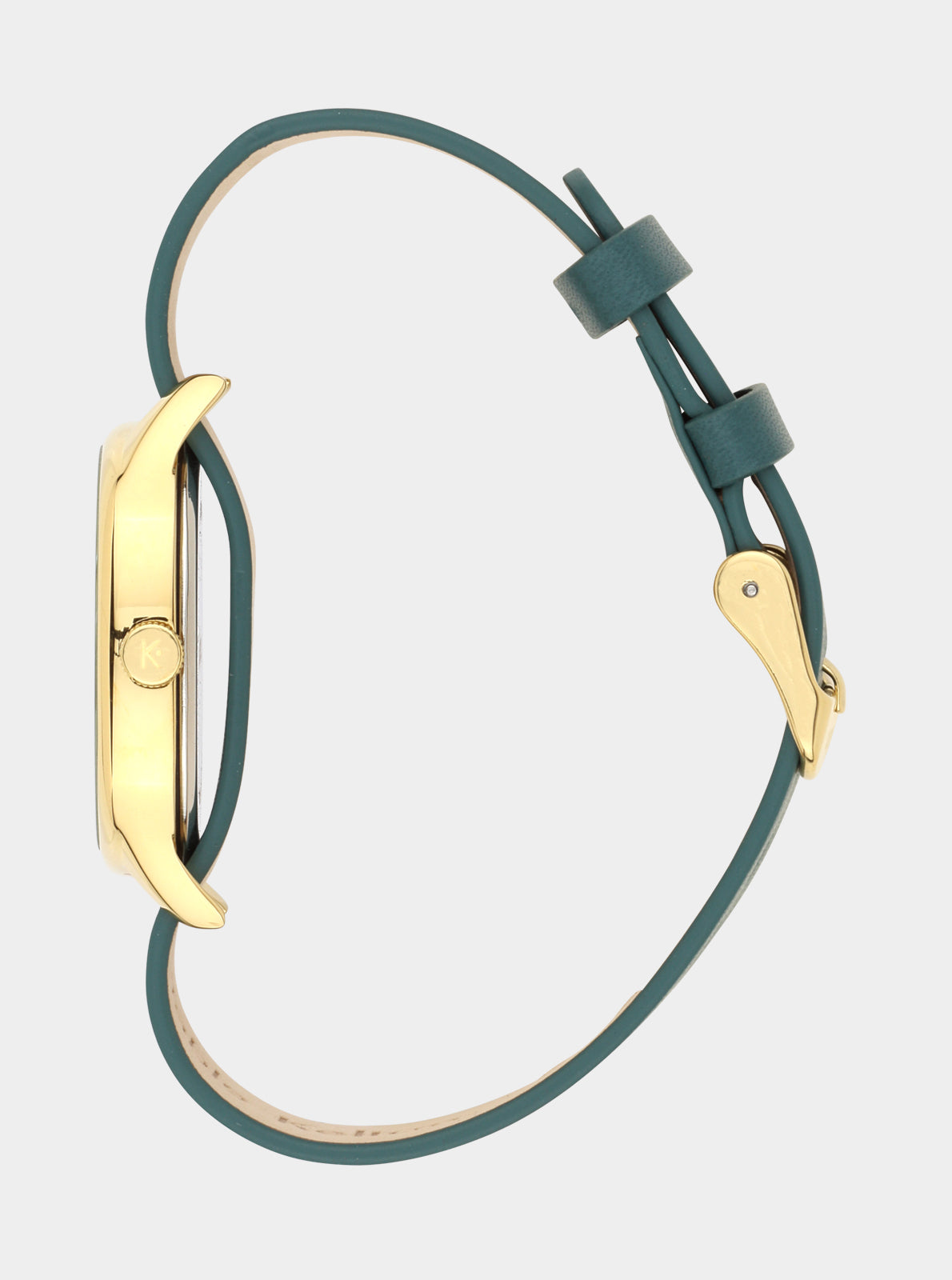 Image of Montre Kelton boîtier doré et bracelet cuir vert, vue de côté avec couronne
