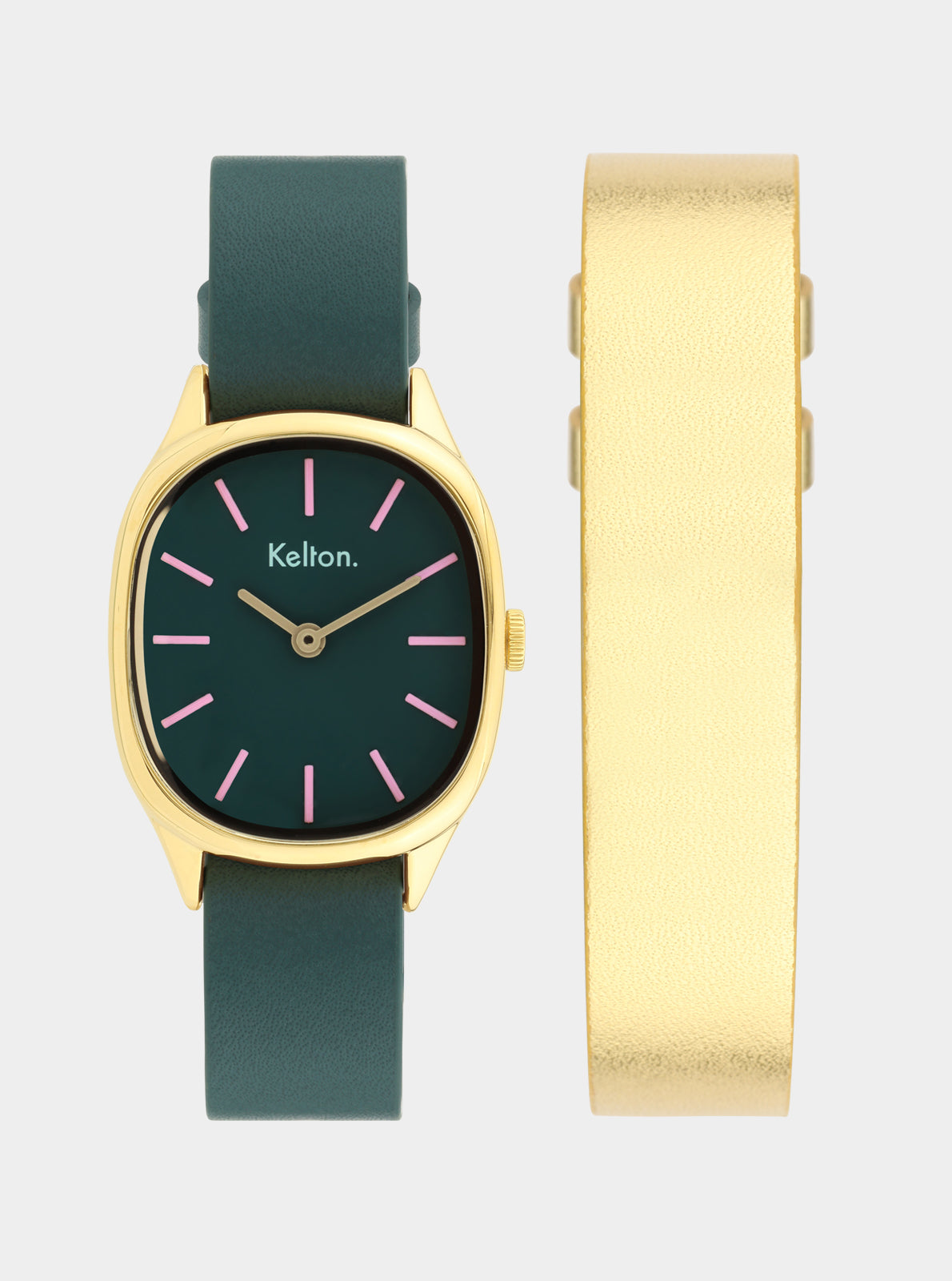 Image of Montre Kelton à cadran vert foncé, bracelet cuir vert et boîtier doré