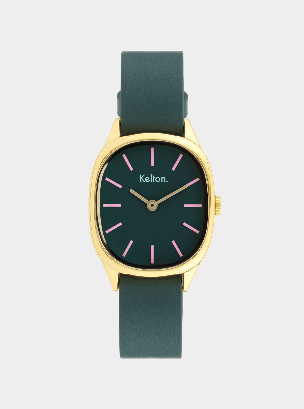 Image of Montre Kelton cadran vert foncé, index roses et bracelet cuir vert