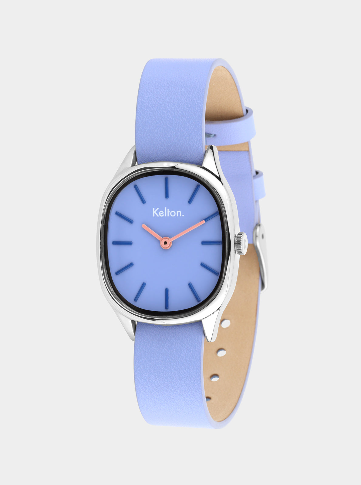 Image of Montre Kelton cadran bleu, bracelet cuir bleu clair, vue de côté.