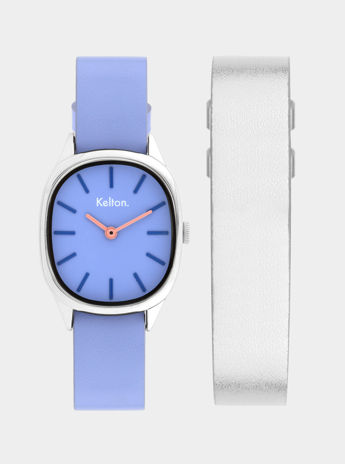 Image of Montre Kelton cadran bleu, bracelet cuir bleu clair, boîtier argenté.
