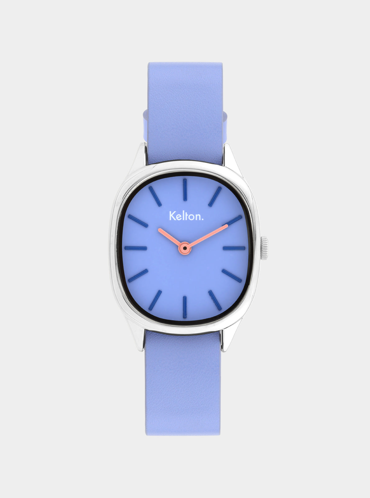 Image of Montre Kelton cadran bleu, aiguilles orange, bracelet cuir bleu clair, boîtier argenté.