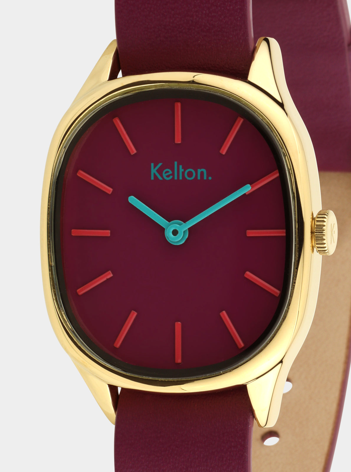 Image of Montre Kelton : cadran bordeaux, aiguilles turquoise, boîtier doré, bracelet prune.