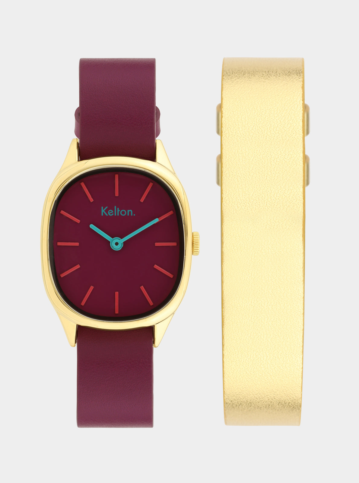 Image of Montre Kelton prune : cadran bordeaux, boîtier doré et bracelet cuir.
