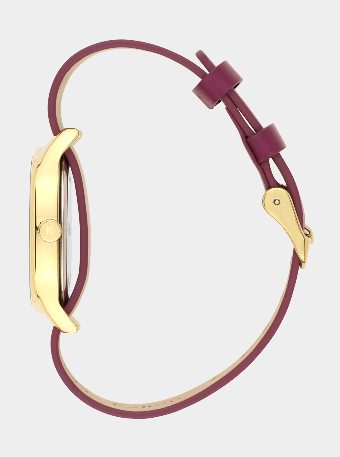 Image of Bracelet en cuir prune avec fermoir doré et passants.