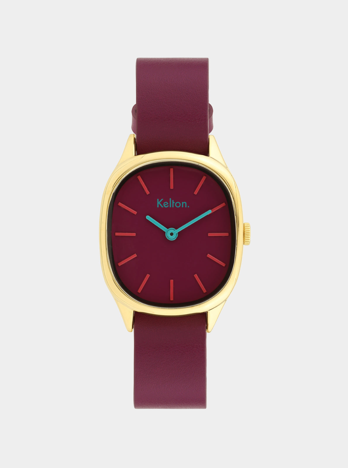 Image of Montre Kelton prune avec boîtier doré, cadran bordeaux et bracelet cuir.