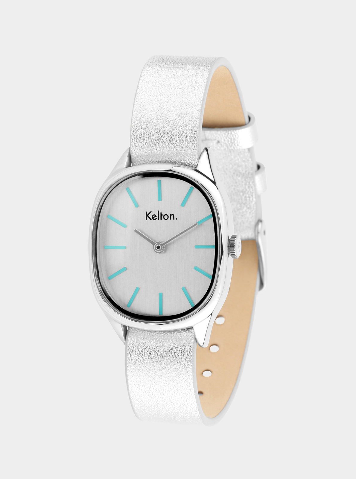 Image of Montre cadran blanc, boîtier argent, bracelet cuir blanc, vue de côté