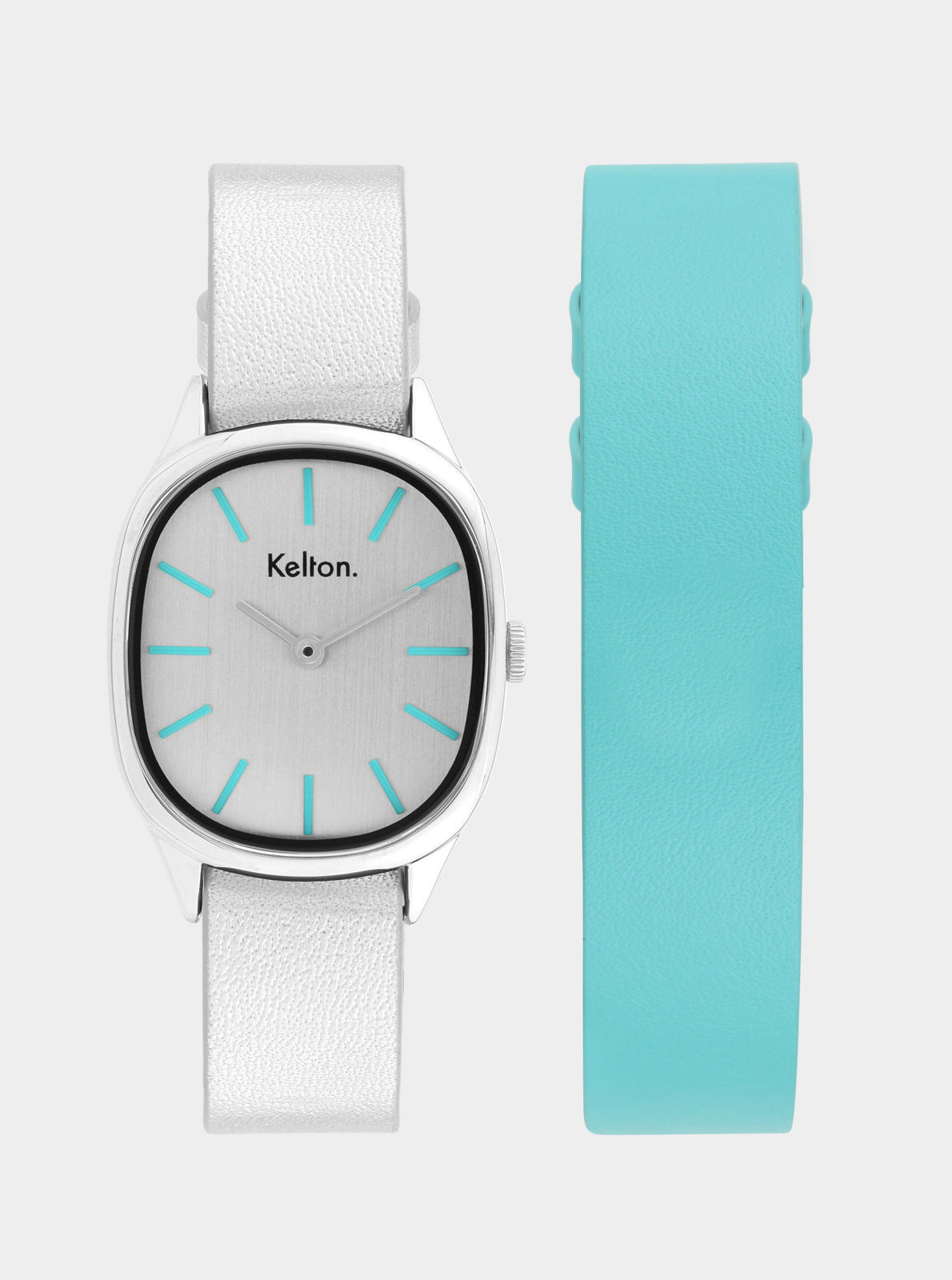Image of Montre cadran blanc, bracelet en cuir blanc, index turquoise