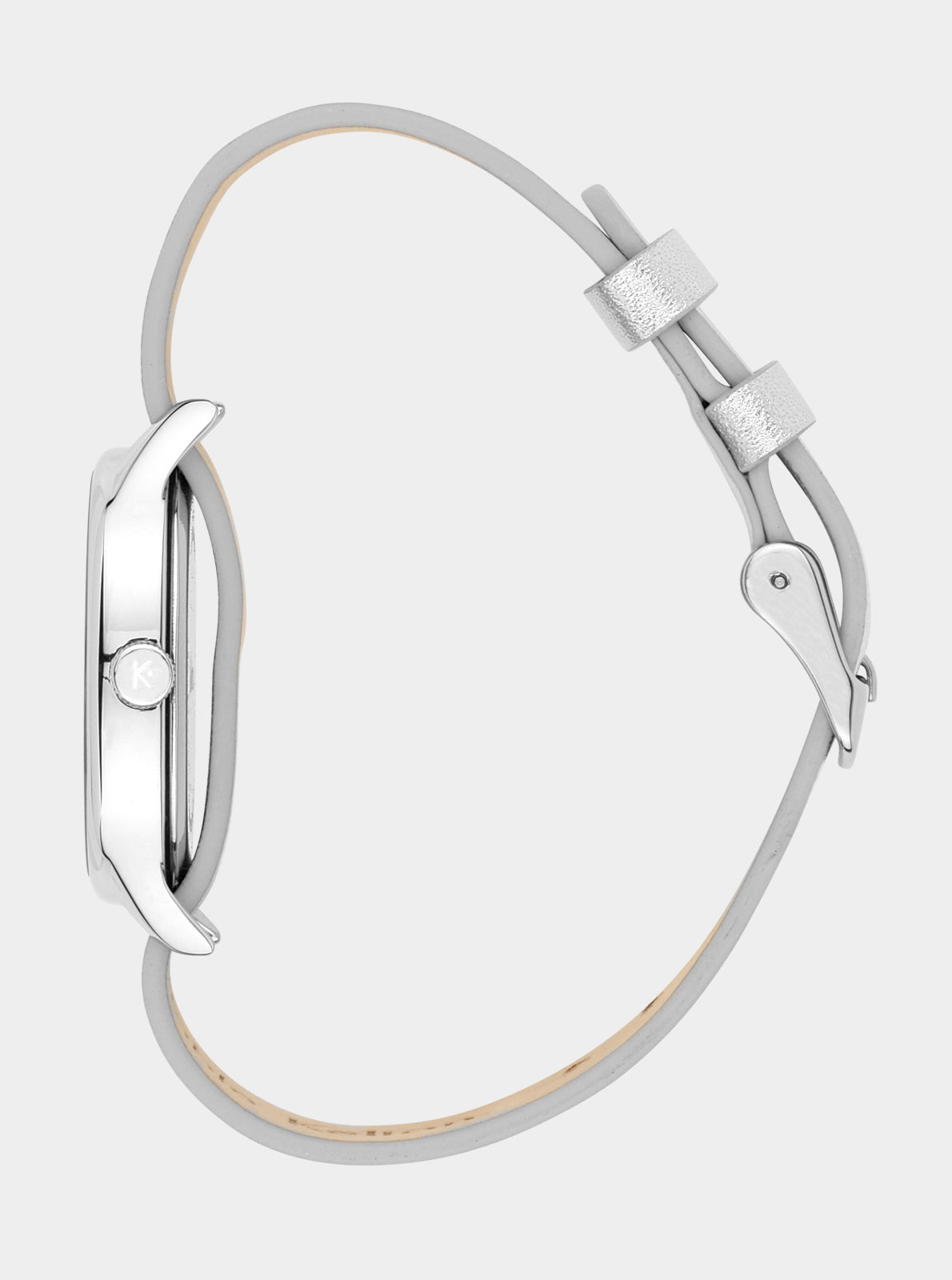 Image of Bracelet cuir gris clair avec boucle et passant, vue de profil