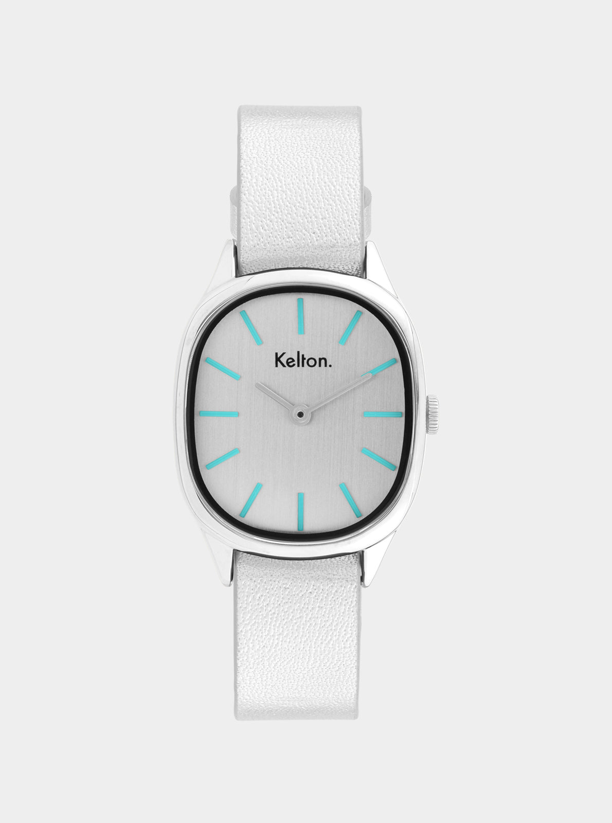 Image of Montre cadran blanc, bracelet en cuir blanc, index turquoise