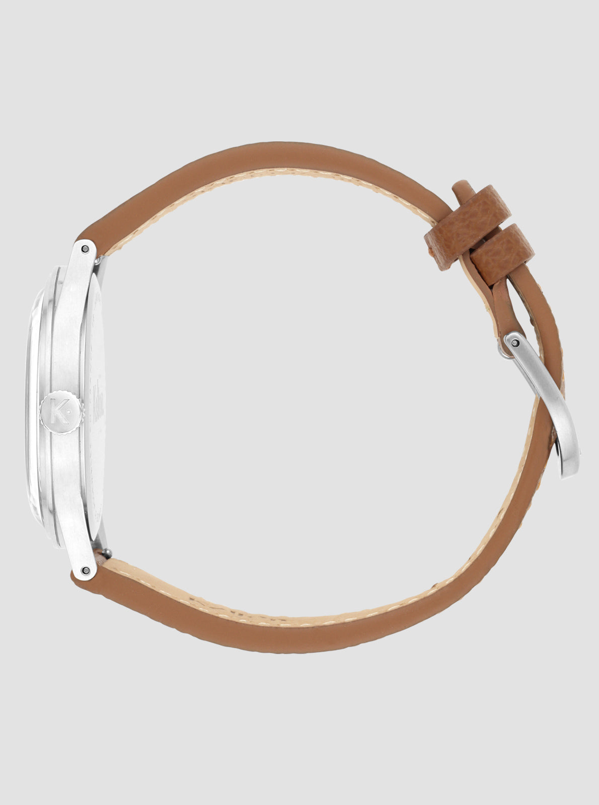 Image of Montre Kelton, bracelet cuir brun et boîtier argenté, vue de côté
