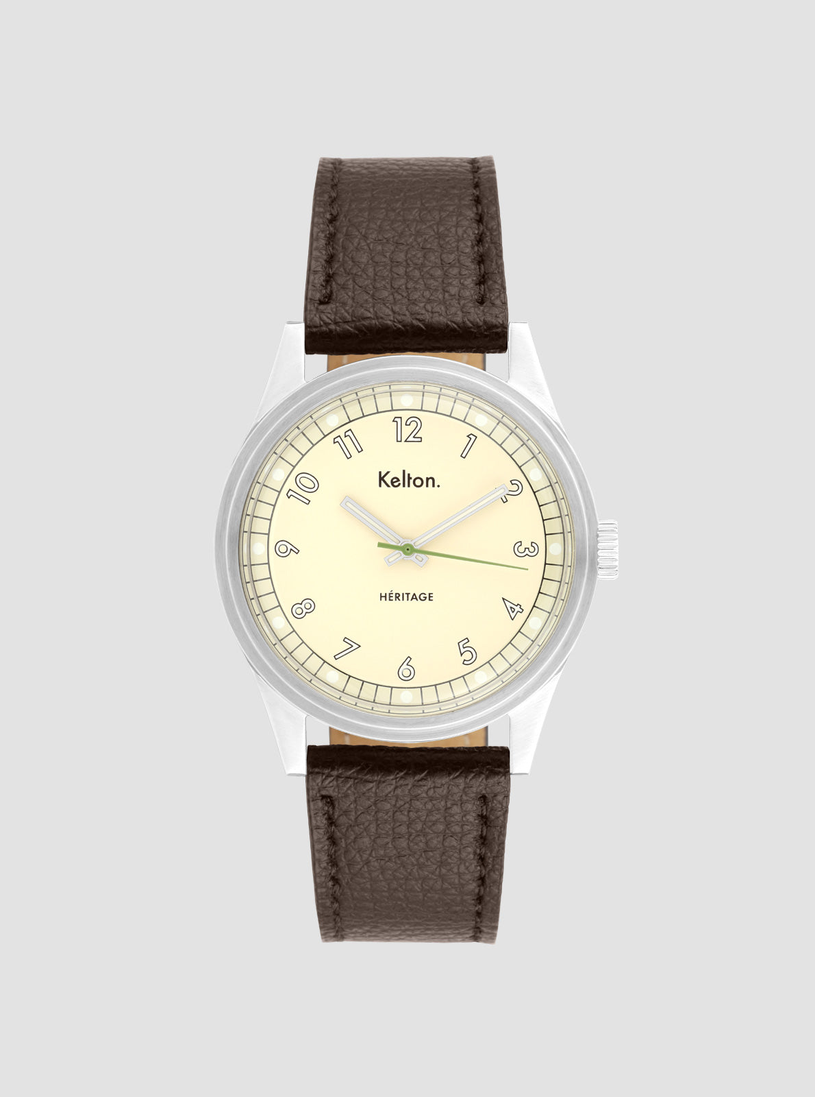 Image of Montre Kelton Héritage bracelet cuir marron, cadran crème à chiffres, boîtier argenté
