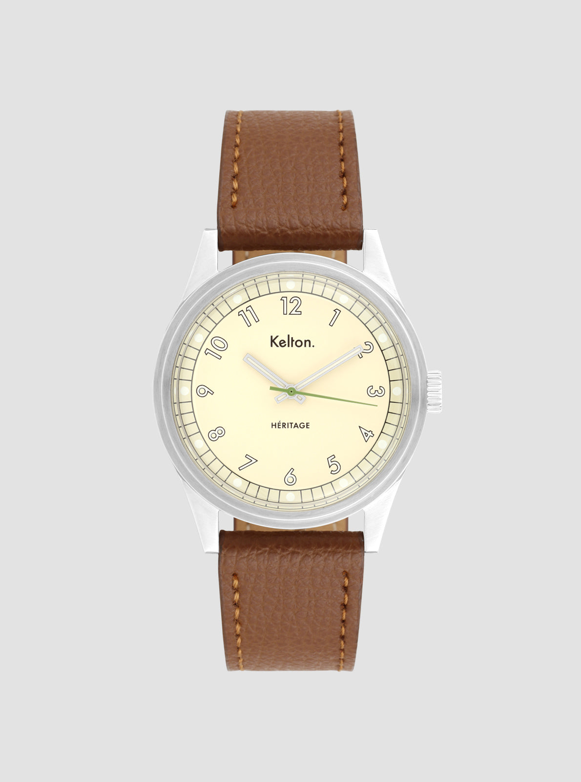 Image of Montre Kelton Héritage bracelet cuir camel, cadran crème à chiffres, boîtier argenté