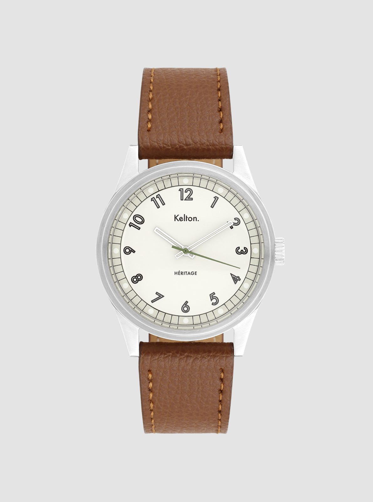 Image of Montre Héritage Blanche à bracelet marron en cuir, cadran blanc, boîtier argenté.
