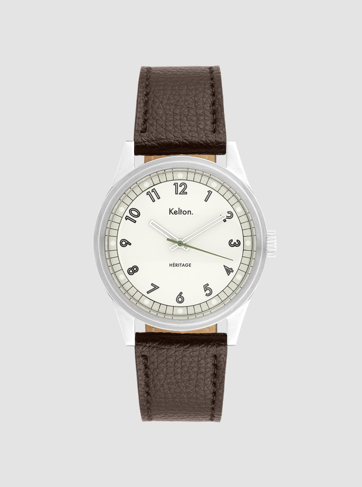 Image of Montre Héritage Blanche à bracelet camel en cuir, cadran blanc, boîtier argenté.