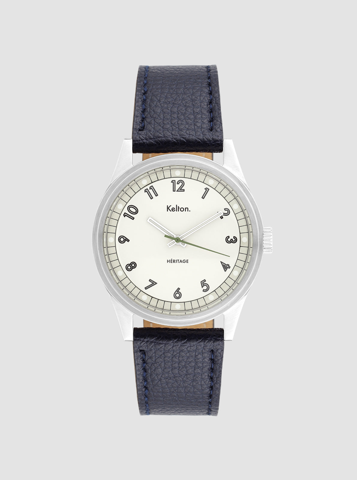 Image of Montre Héritage Blanche à bracelet bleu marine en cuir, cadran blanc, boîtier argenté.