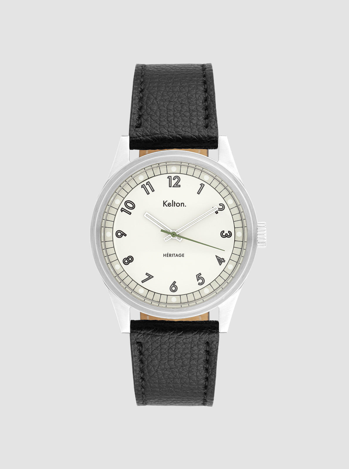 Image of Montre Héritage Blanche à bracelet noir en cuir, cadran blanc, boîtier argenté.