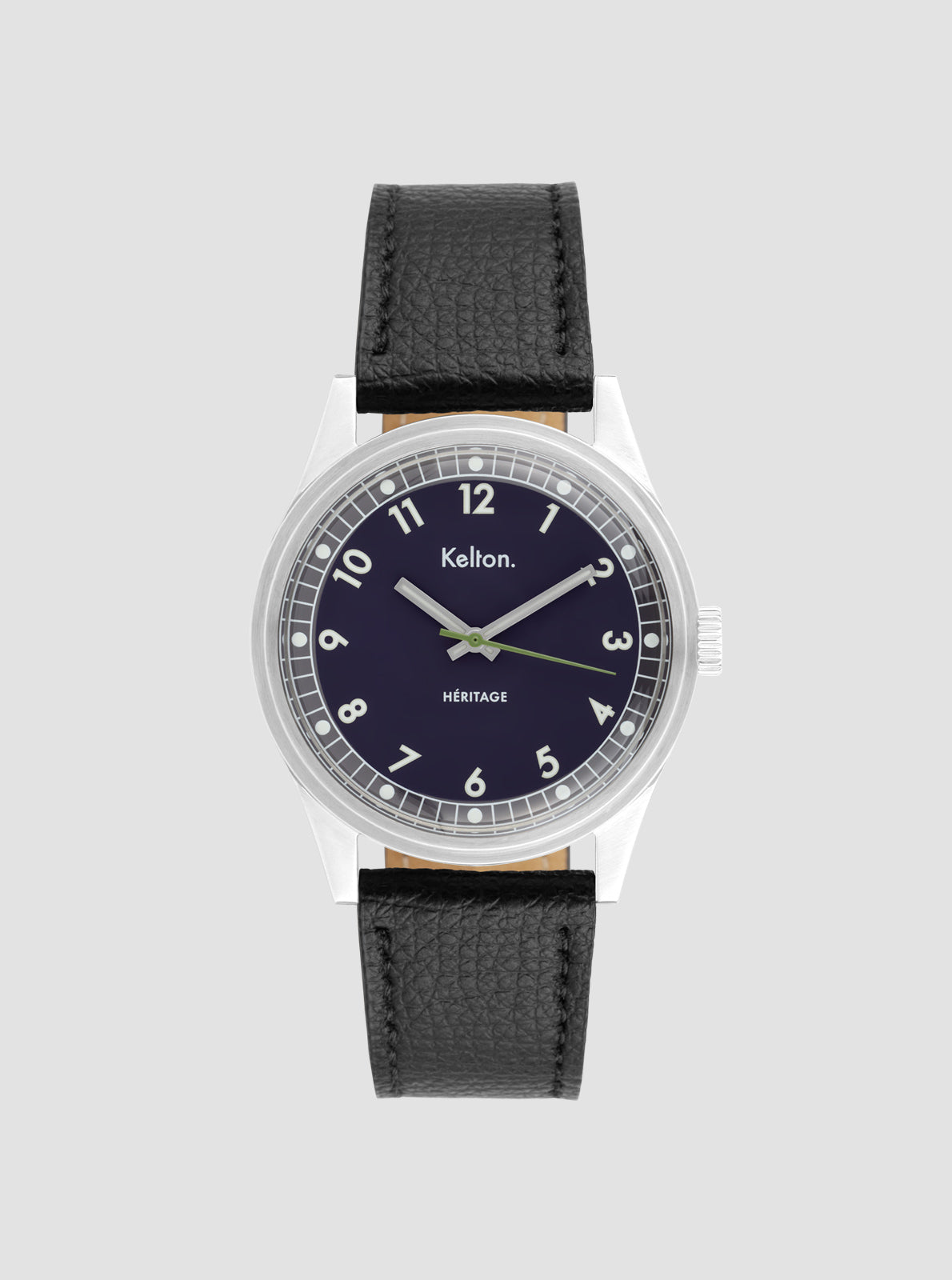 Image of Montre à cadran bleu nuit et bracelet en cuir noir, boîtier argenté.