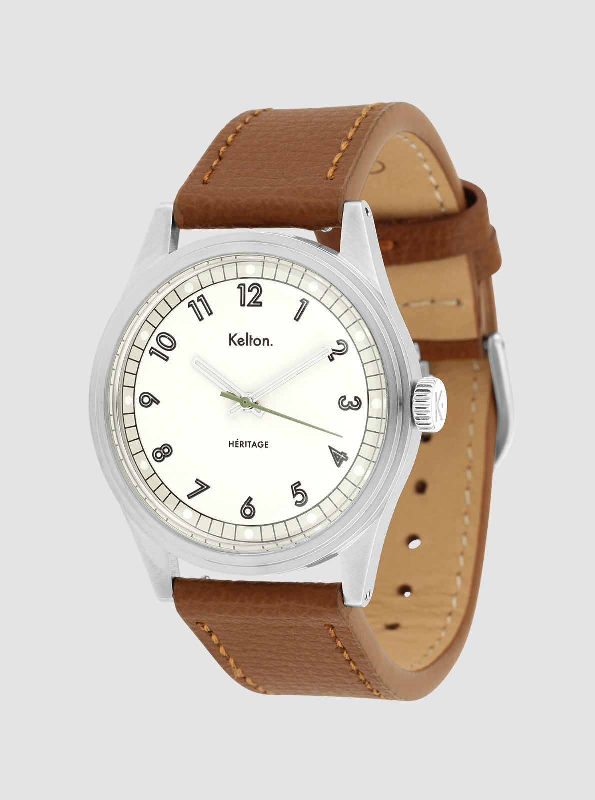 Image of Montre Kelton, cadran blanc et couronne latérale, bracelet cuir brun