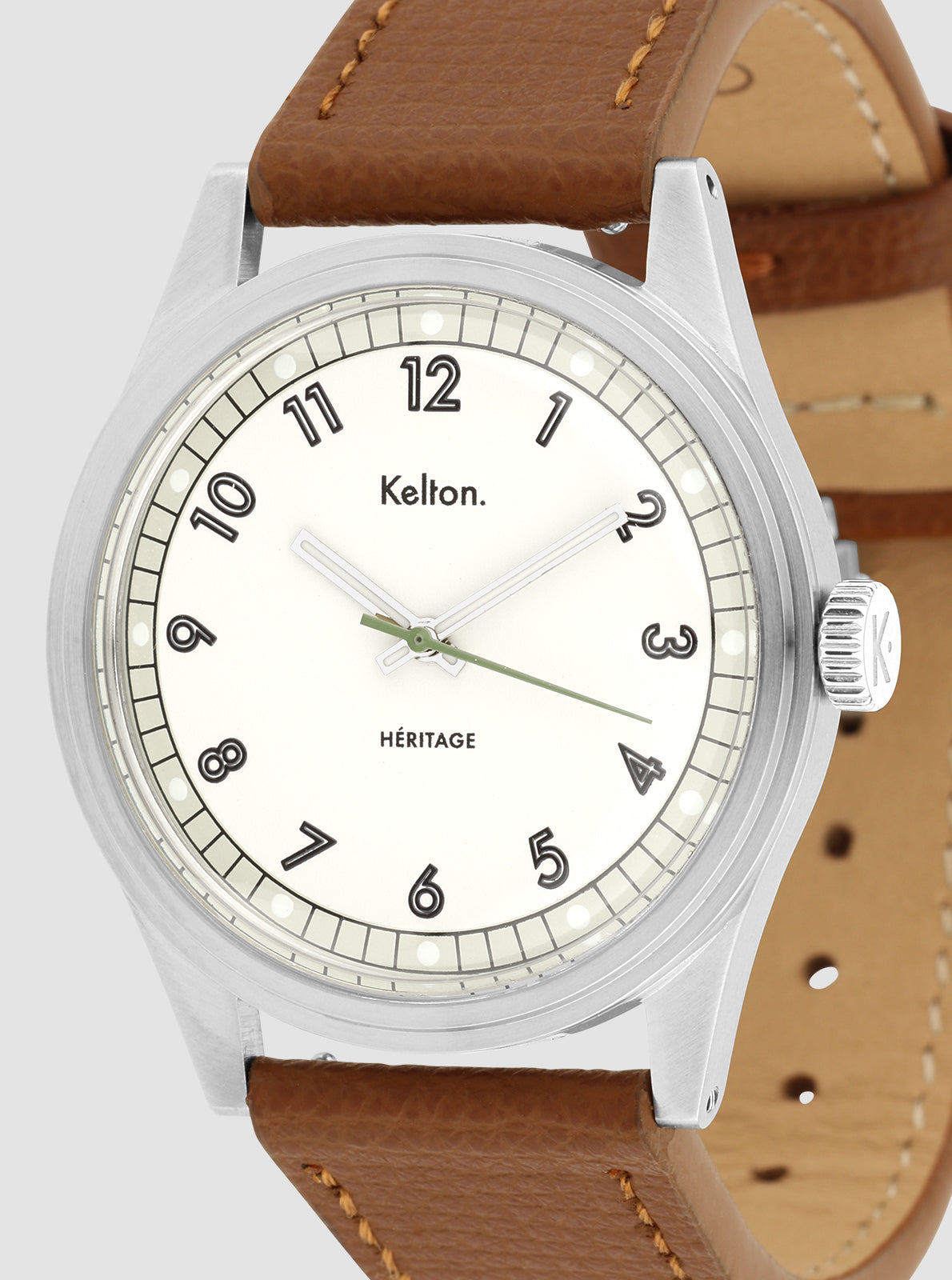 Image of Montre Kelton, cadran blanc avec index, bracelet cuir brun