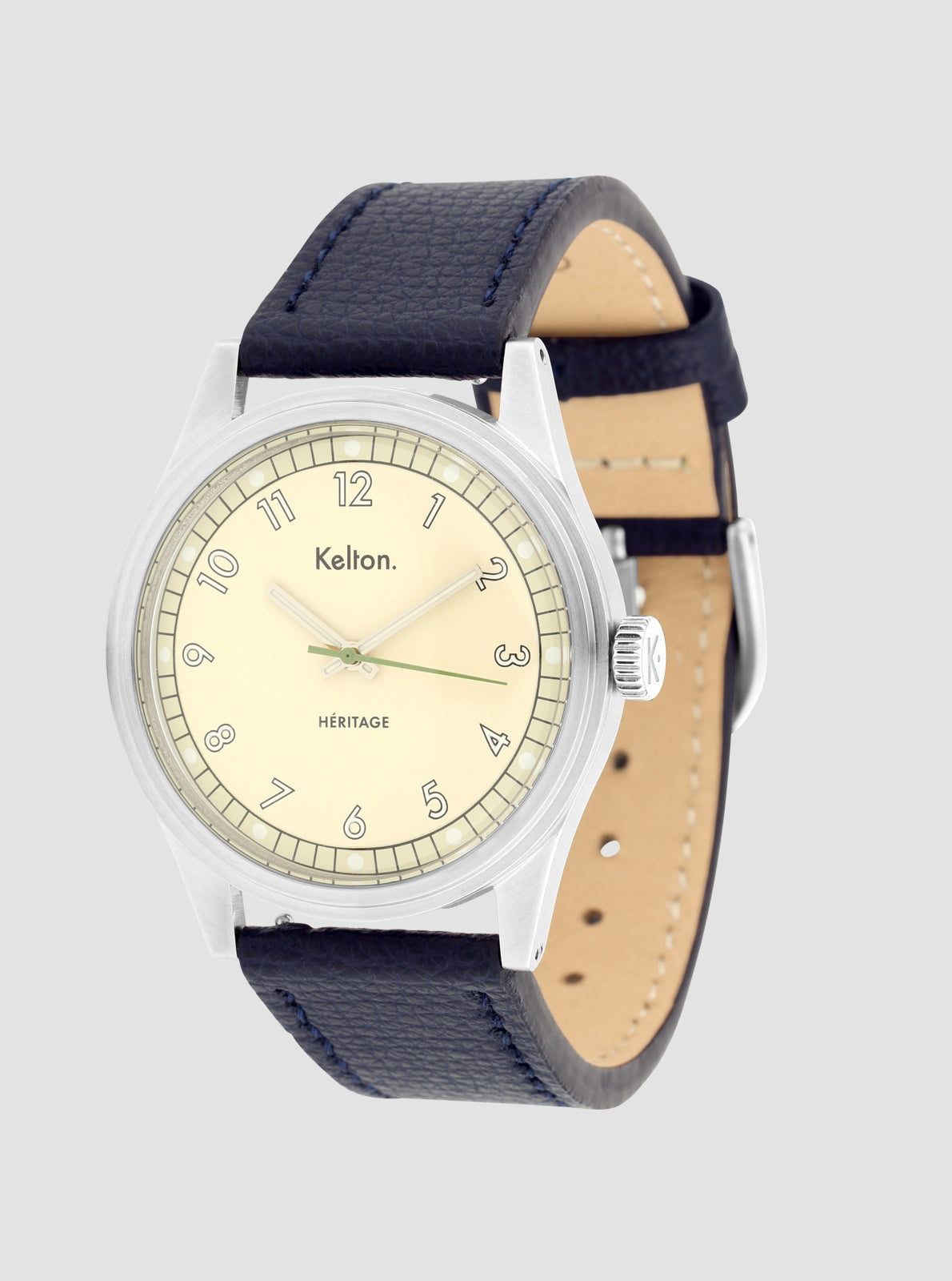Image of Montre Kelton Héritage vue de côté, bracelet cuir bleu marine et boîtier argenté