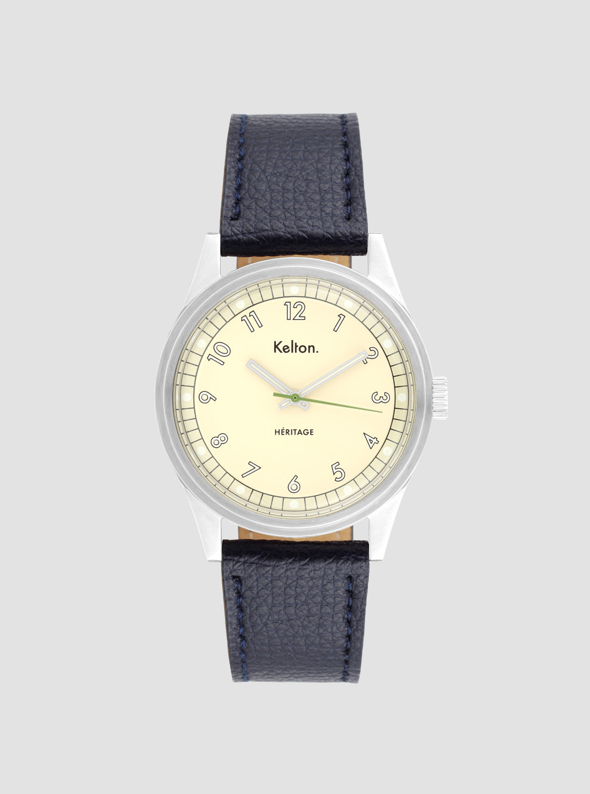 Image of Montre Kelton Héritage bracelet cuir bleu marine, cadran crème à chiffres, boîtier argenté