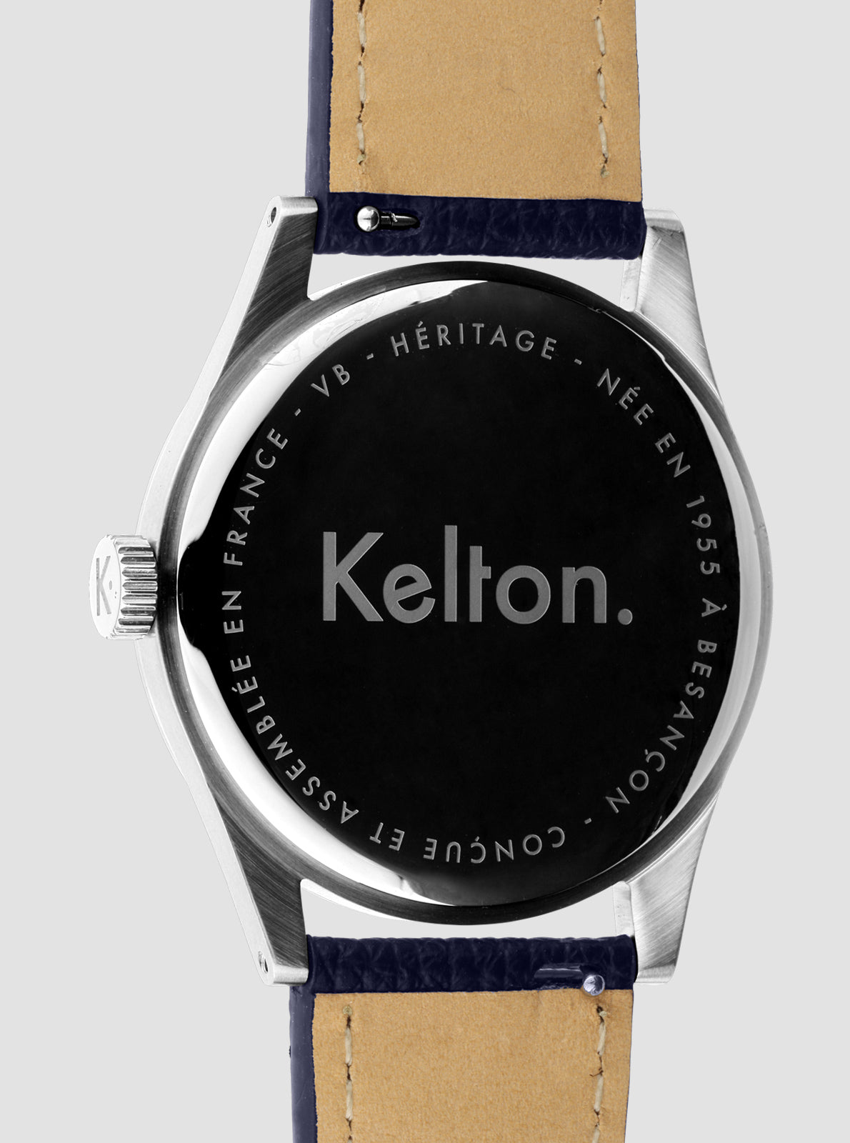 Image of Fond de montre Kelton Héritage noir avec bracelet cuir bleu marine et intérieur beige