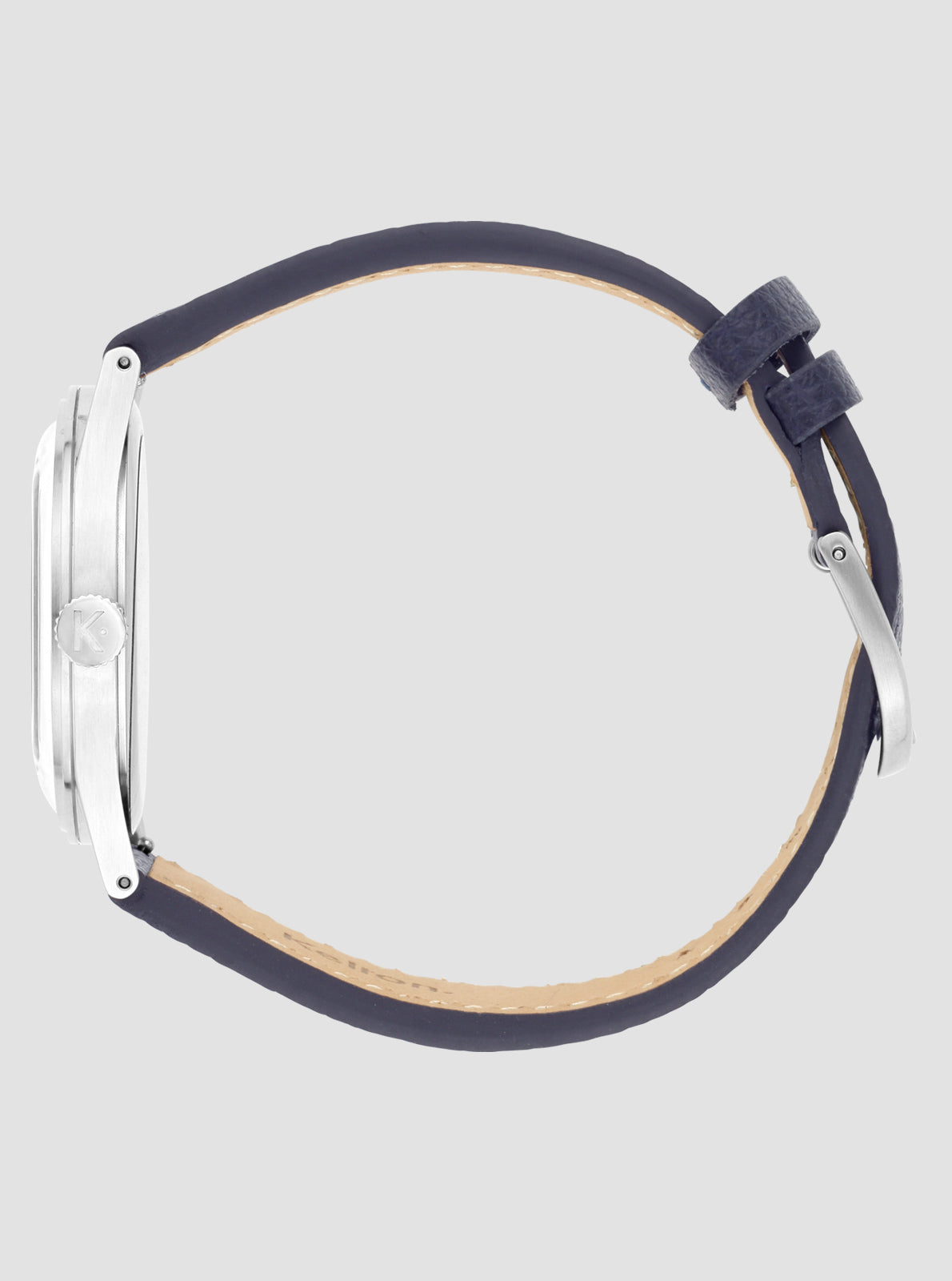 Image of Montre Kelton Héritage vue arrière, boîtier argenté et bracelet cuir bleu marine