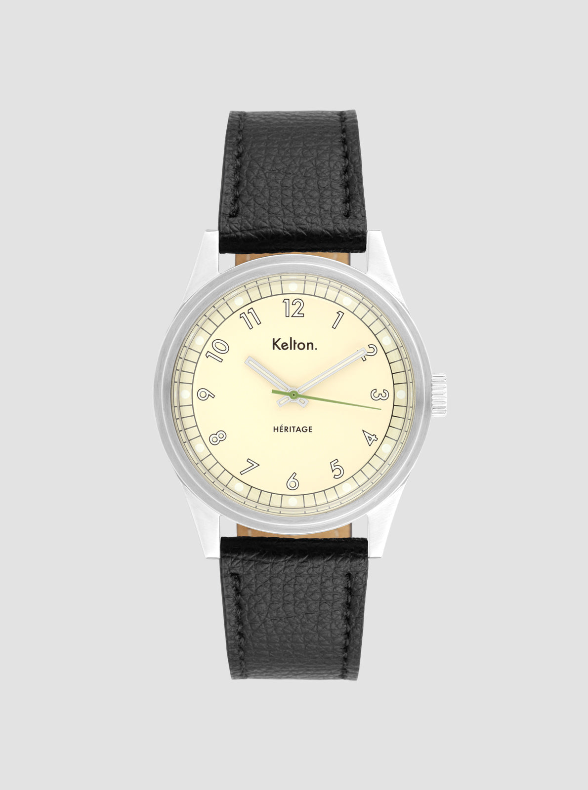 Image of Montre Kelton Héritage bracelet cuir noir, cadran crème à chiffres, boîtier argenté