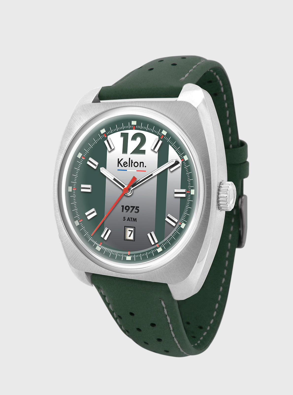 Image of Montre Kelton RC 1975 à bracelet cuir vert, boîtier argenté, cadran vert et aiguilles rouges.
