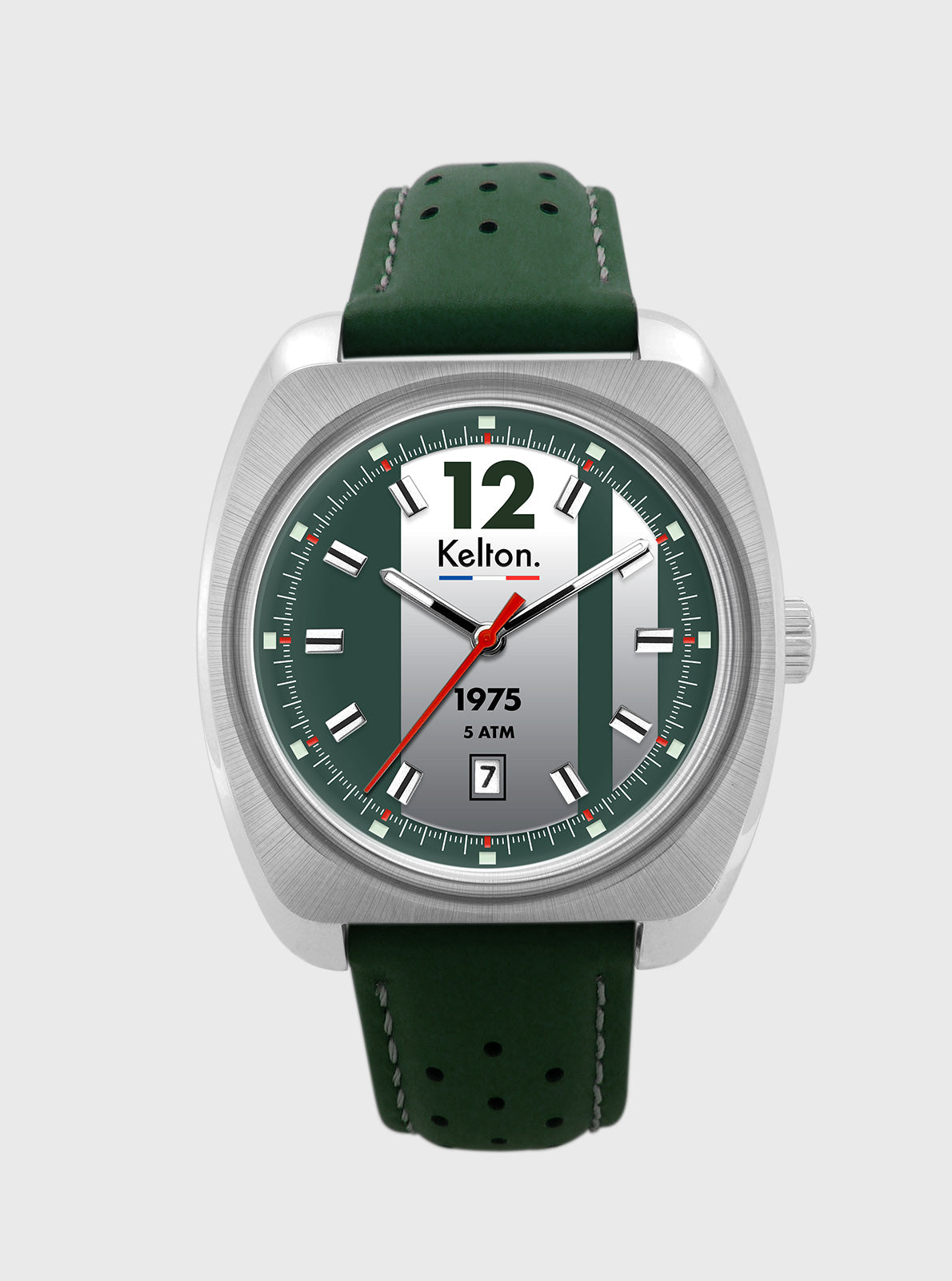 Image of Montre Kelton RC 1975 cadran vert avec 12, boîtier argenté, bracelet cuir vert.