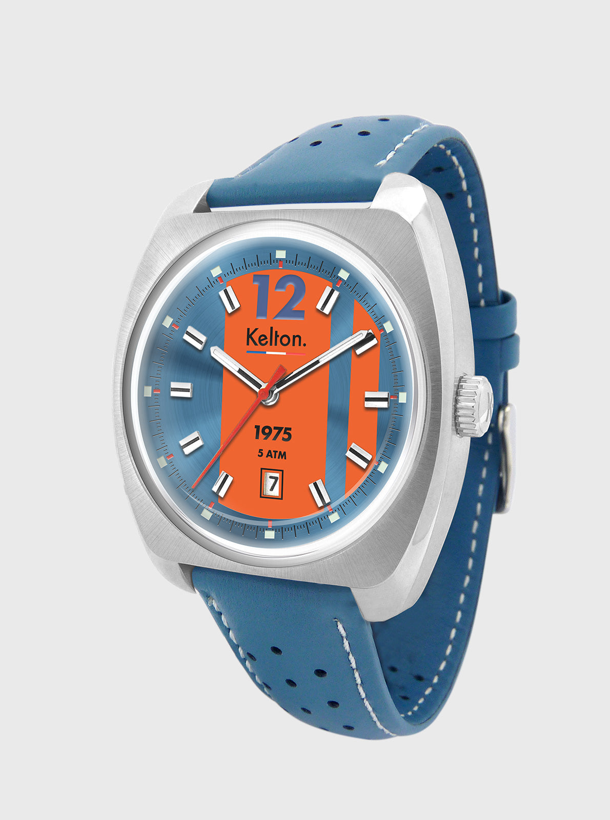 Image of Montre Kelton cadran orange et boîtier argenté, bracelet cuir bleu, index et aiguilles.