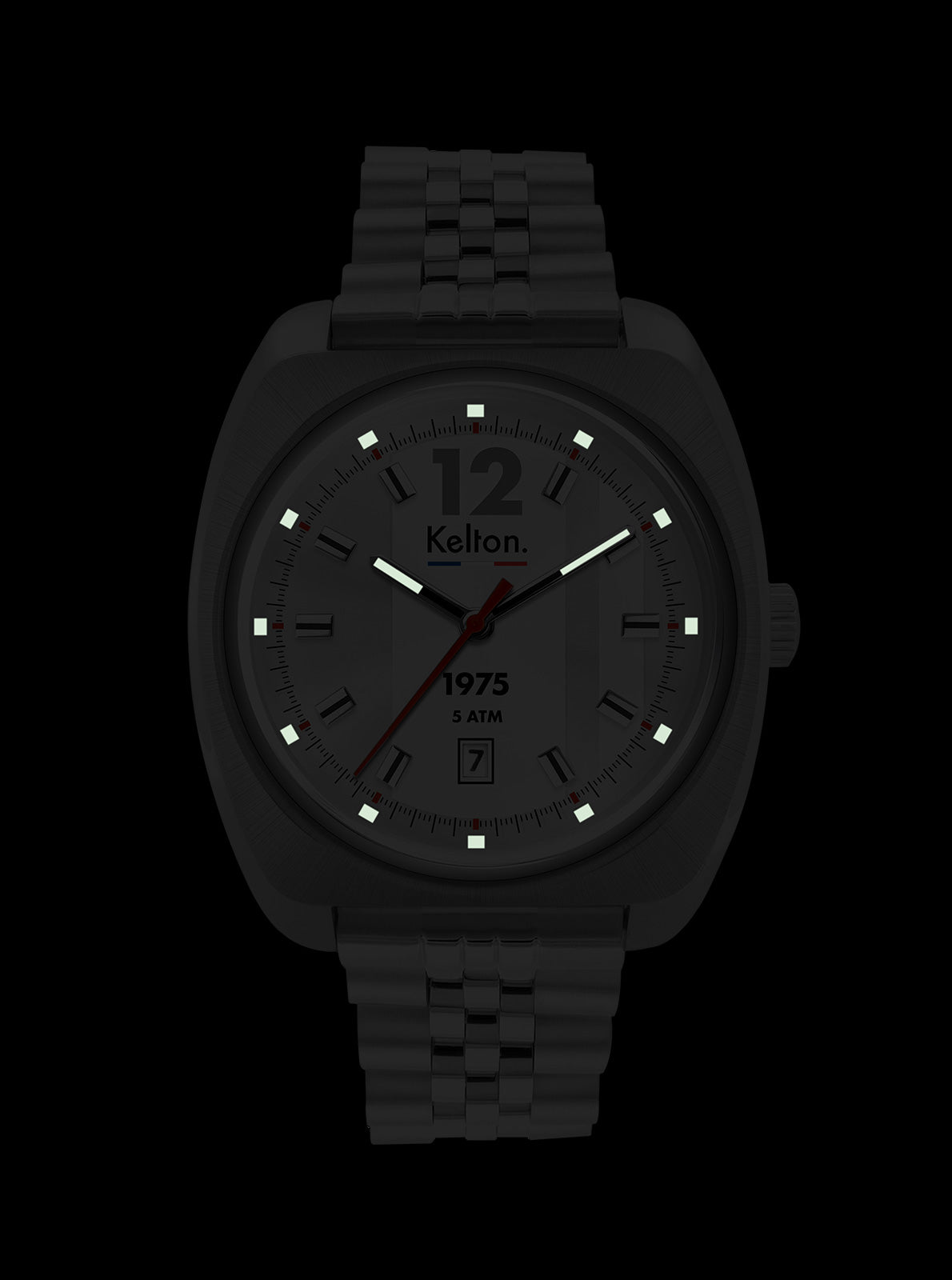 Image of Montre Kelton RC 1975 à bracelet noir, cadran gris avec index et aiguilles rouges